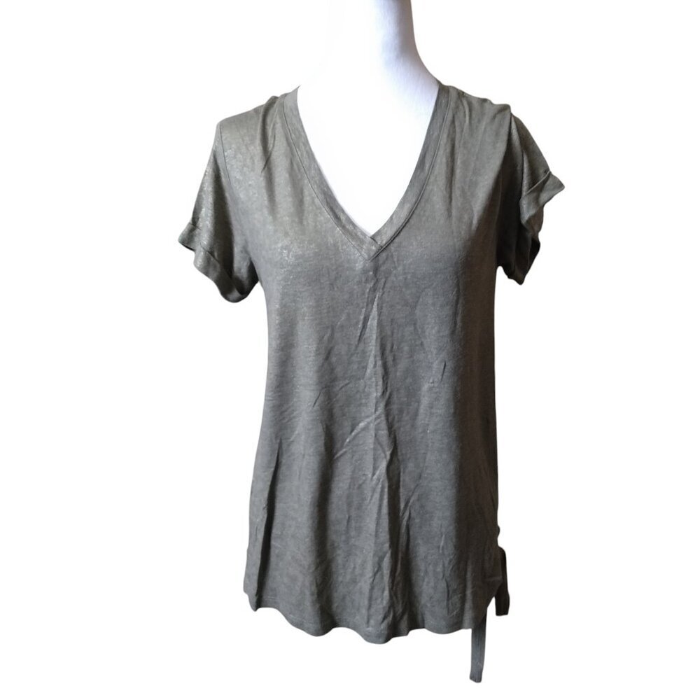 Democracy XS Short Sleeve V-Neck Green Metallic Linen Blend Pullover T-Shirt NEW